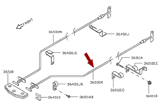 Трос стояночного тормоза (ручника) NISSAN CABSTAR F24 - левый, оригинал, 36531MB00C