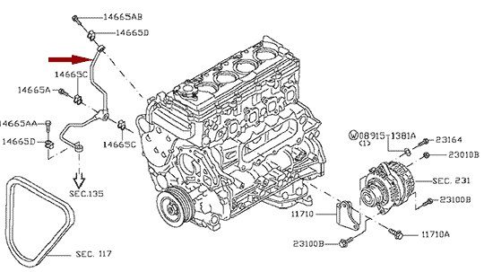 Трубка масляная NISSAN CABSTAR (Ниссан Кабстар) F24 дв. ZD30DDTI, оригинал, 14665MA70A