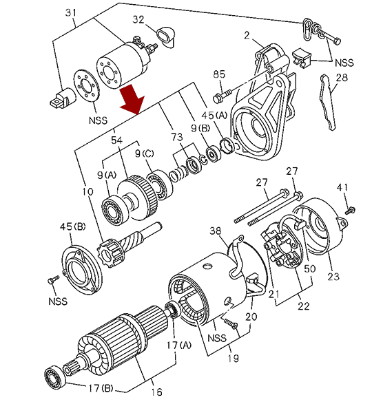 На схеме показан бендикс стартера ISUZU NMR85/NLR85/NPR75, 8982221000 / 8971797700