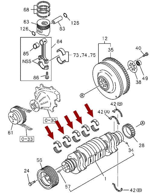 На схеме показан Вкладыши коренные (0.50) ISUZU NQR75/NQR71/NPR75 - комплект, JAPAN, TAIHO, 8973720761