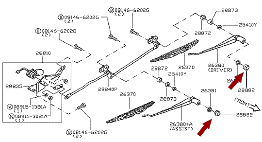 Крышка (заглушка) щетки стеклоочистителя Nissan Cabstar F24, оригинал, 28882MB400 На схеме показана крышка (заглушка) щетки стеклоочистителя Nissan Cabstar F24, оригинал, 28882MB400