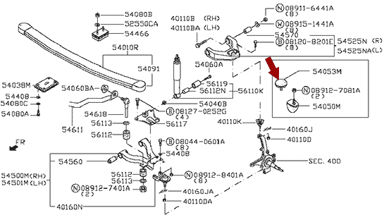 На схеме показан отбойник передней подвески NISSAN CABSTAR (Ниссан Кабстар) F24, 5405320N00